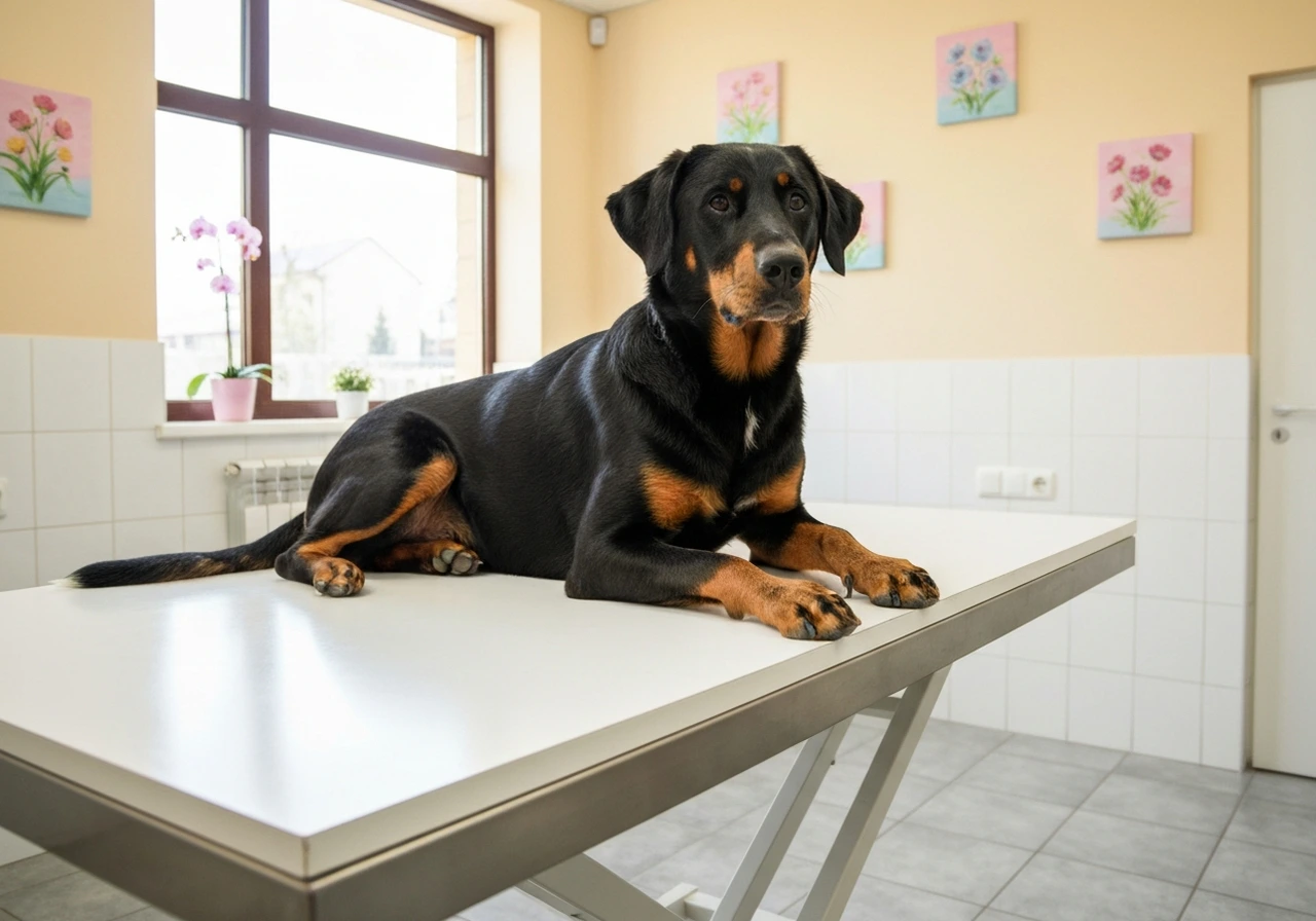 Beauceron on veterinary examination table